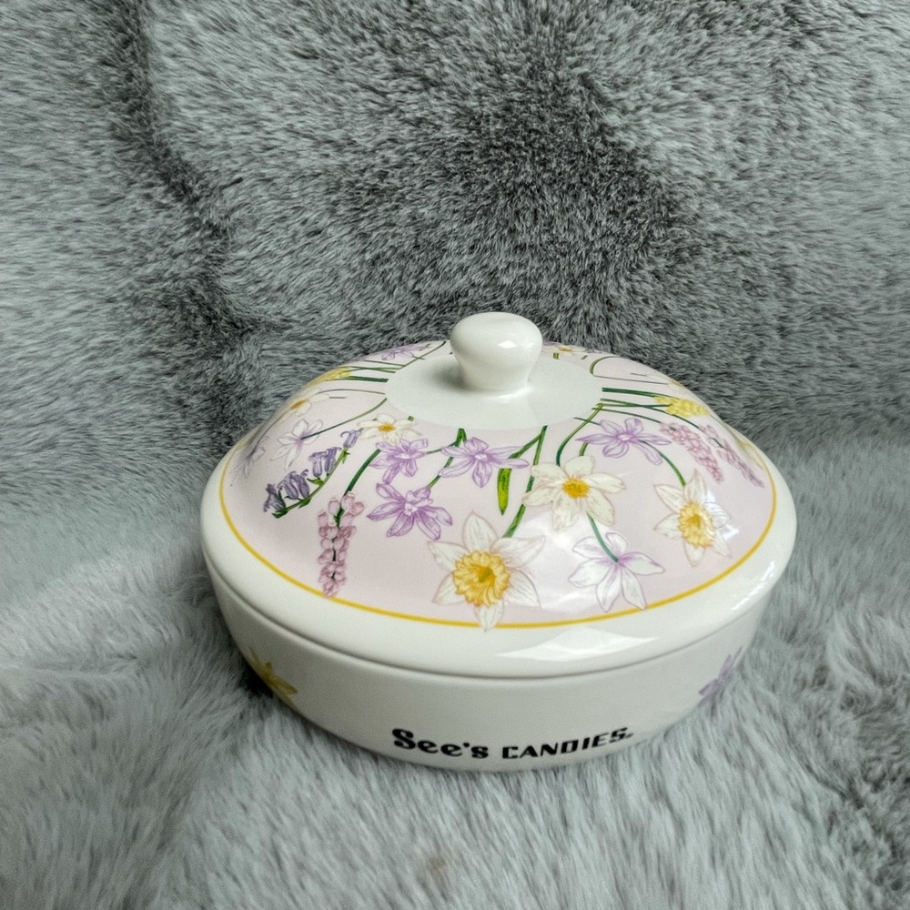 See’s Candies ceramic  floral jar 5.5”X5.5”X3.5”